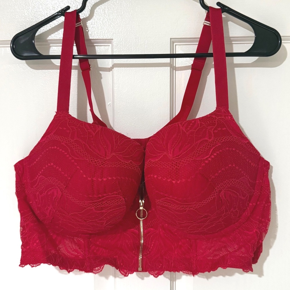 Cacique Red Lace Front Zip Longline Bra 46C O-Ring Padded Underwire Corset Top